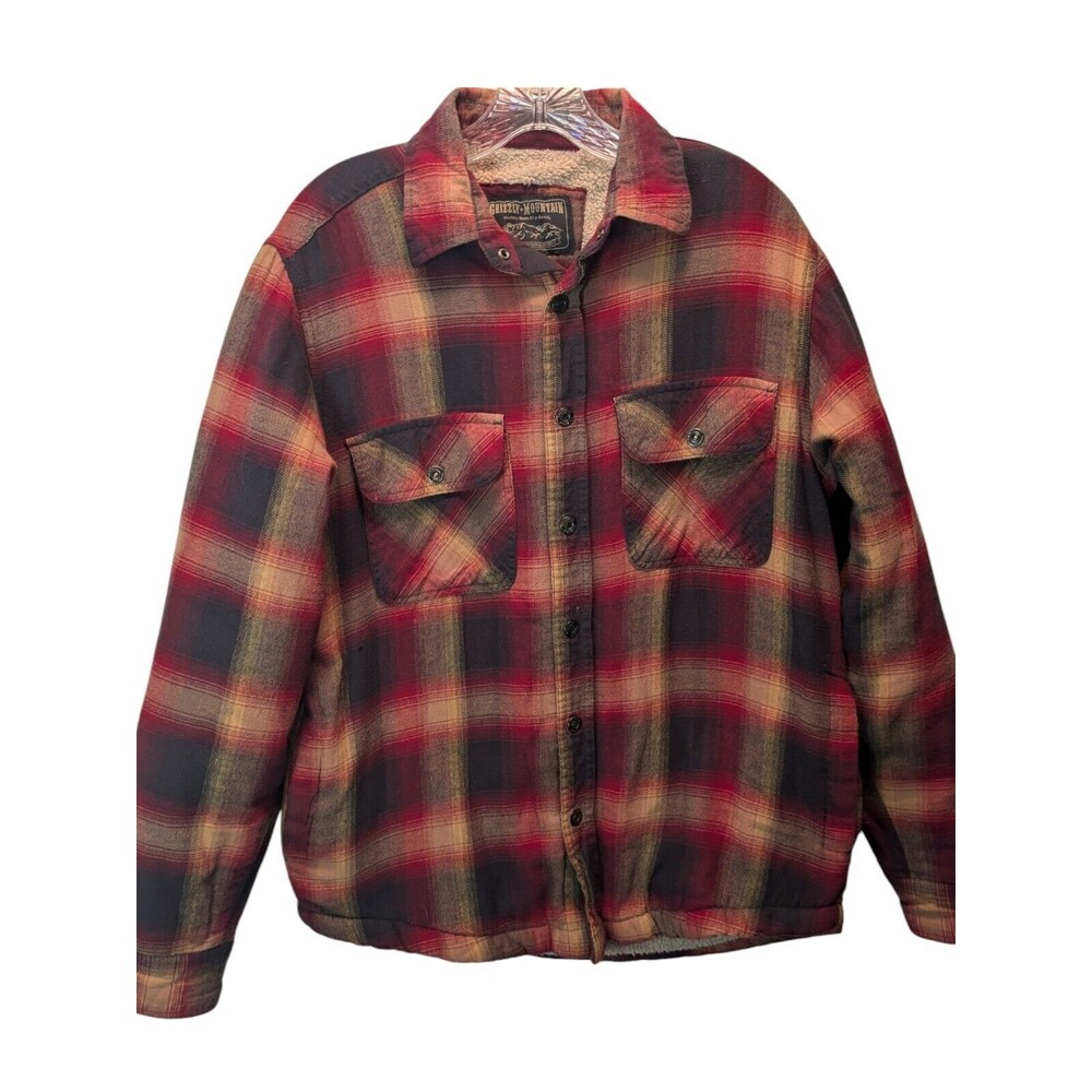 Grizzly Mountain Men's Sherpa Lined Plaid Flannel Shacket Blue Burgundy Size M